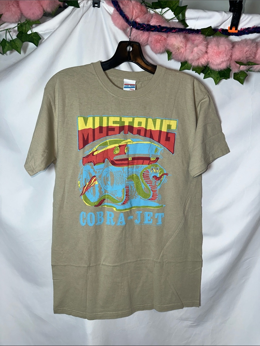 Junk Food Clothing Tan Tee with Red, Yellow, Green & Blue Graphic mustang